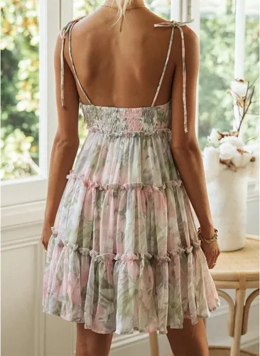 Vista 6 de Mansy - Vestido corto de verano para mujer 2025, estampado floral, estilo bohemio, fluido, skater, manga corta, con volantes, con tirantes delgados