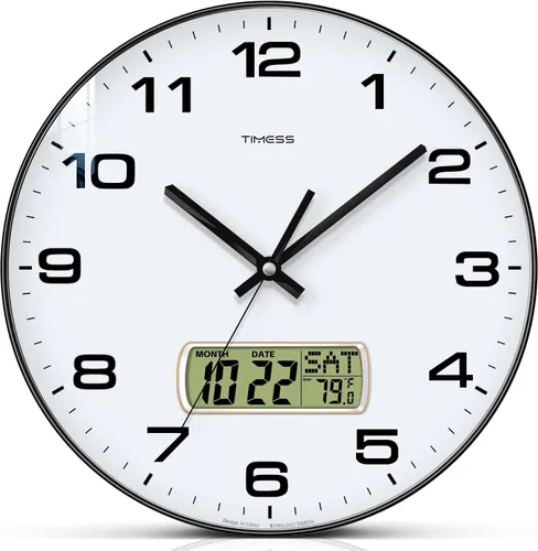 Vista 15 de Reloj de pared TIMESS, de 14" con gran esfera silenciosa y sin tictac, funciona con pilas, analógico con pantalla LCD para calendario perpetuo