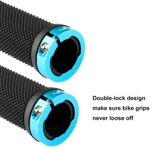 Vista 6 de 1 par de empuñaduras de manillar de bicicleta, empuñaduras de goma antideslizantes con doble anillo de bloqueo de aluminio azul, protector de mango