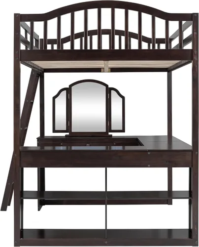 Vista 6 de Cama loft de madera tamaño matrimonial con escritorio en forma de U y espejo de tres pliegues, base de cama tipo loft multifunción con Espresso-10.16