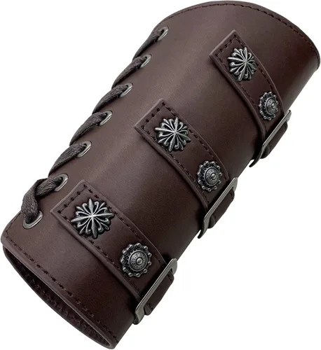Vista 5 de Jeilwiy Brazaletes vikingos medievales de cuero, brazaletes de armadura de brazo, brazalete de cuero, guantelete punk para hombres y mujeres