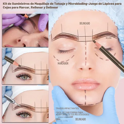 Vista 5 de Kit de maquillaje para tatuar cejas y suministros de microblading con lápices de cejas resistentes al agua - Permanentes, en 5 colores, lápices de 6