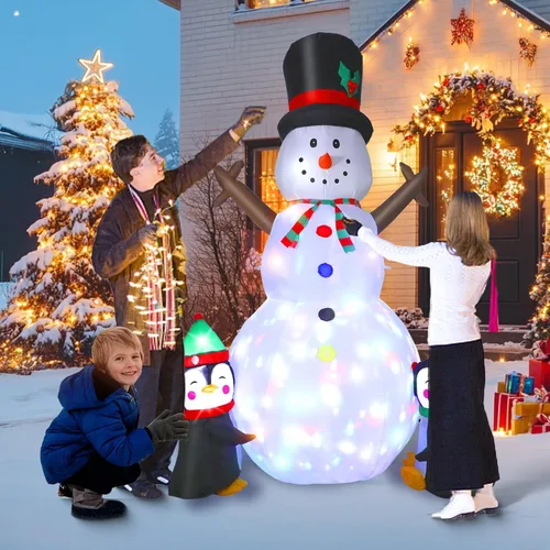 Vista 4 de Dawdix Muñeco de nieve inflable de Navidad de 8 pies, muñeco de nieve de Navidad para inflar con pingüinos, luces LED coloridas giratorias