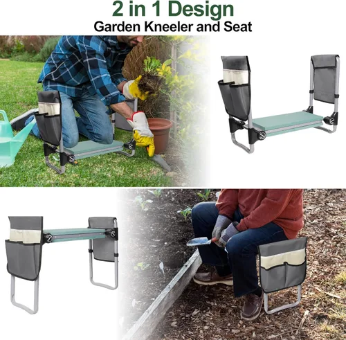 Vista 6 de LUCKYERMORE Taburete plegable de jardín y asiento, taburete de jardinería de nueva generación con 2 bolsas de herramientas, con almohadilla