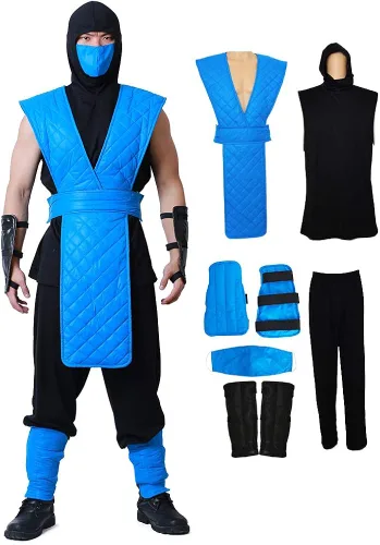 Vista 6 de miccostumes Disfraz de Halloween Shotokan Ninja Blue Fighter para hombre, Azul Patchwork