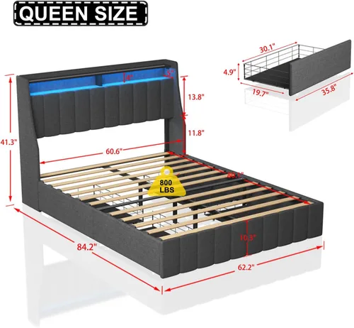 Vista 2 de HAUSHECK Base de cama Queen con cabecera de almacenamiento, 4 cajones y luces LED, cama de plataforma tapizada con cabecera de alas, marco de cama