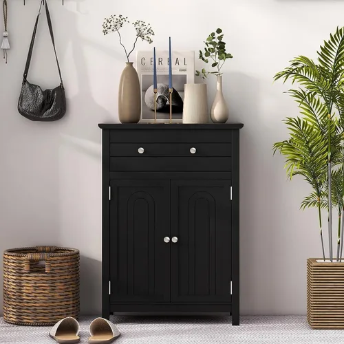 Vista 9 de GOFLAME Gabinete de almacenamiento de madera para baño, moderno armario organizador de baño con estante ajustable de 3 alturas, cajón y estante de 2