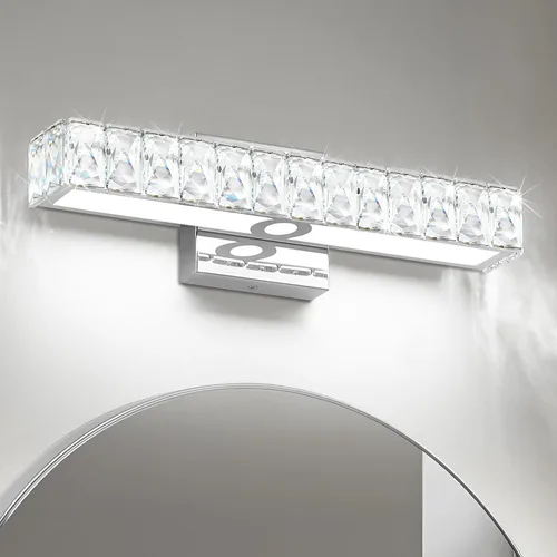 Vista 12 de SOLFART Lámpara de baño, accesorios de iluminación de tocador de cristal, luces LED modernas sobre espejo, lámpara de baño de 60 cm, cromada Luz