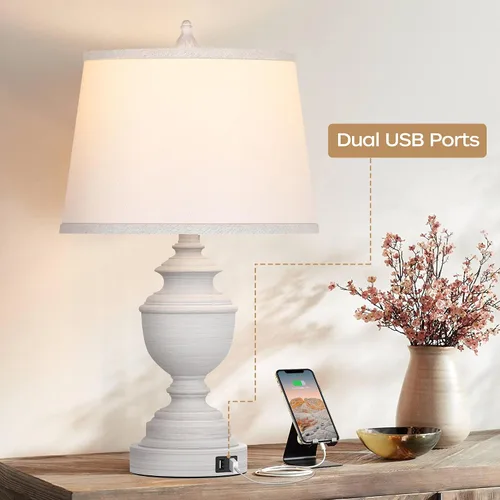 Vista 2 de Juego de 2 lámparas de mesa, lámpara moderna de mesita de noche estilo granja con puertos USB, control táctil regulable de 3 vías, lámparas de Blanco