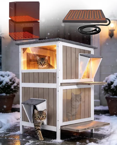 Vista 11 de Cat House - Casa para gatos con cortina para gatos con aislamiento, techo resistente a la intemperie (cubierta individual)