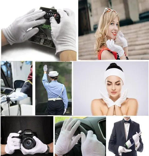 Vista 3 de 24 piezas (12 pares) de guantes de algodón blanco para hidratación de manos secas, cosmética, eczema, spa de manos e inspección de monedas y joyas