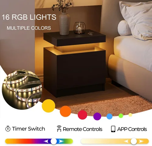 Vista 5 de Mesita de noche LED negra moderna con 2 cajones para mesa auxiliar de dormitorio