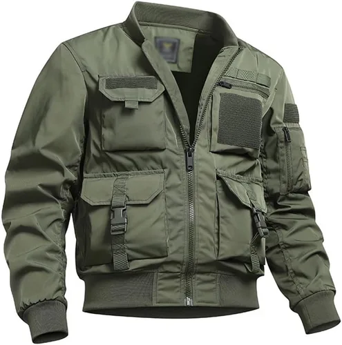 Vista 8 de XYGJZ Chaqueta bomber para hombre, chaqueta militar resistente al viento con múltiples bolsillos