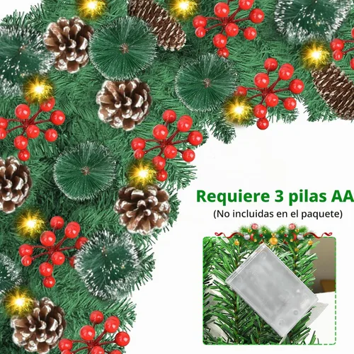 Vista 3 de Guirnalda de Navidad con luces, guirnalda de 30 luces LED de 9 pies, funciona con pilas, decorada con piñas, bayas, pino nevado artificial