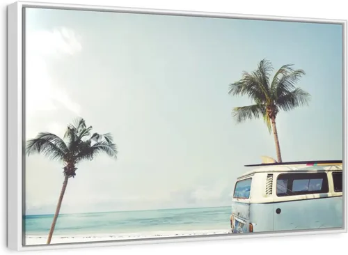 Vista 11 de ElephantStock - Retro Surf Van Wall Art - Horizontal Floating Framed Canvas - Living Room Wall Decor - Photography Beach Framed Canvas Art - Blue