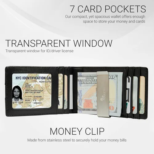 Vista 3 de GULEYRI Cartera delgada de piel auténtica italiana biblada para hombres y mujeres con clip para dinero y bloqueo RFID tarjetero minimalista