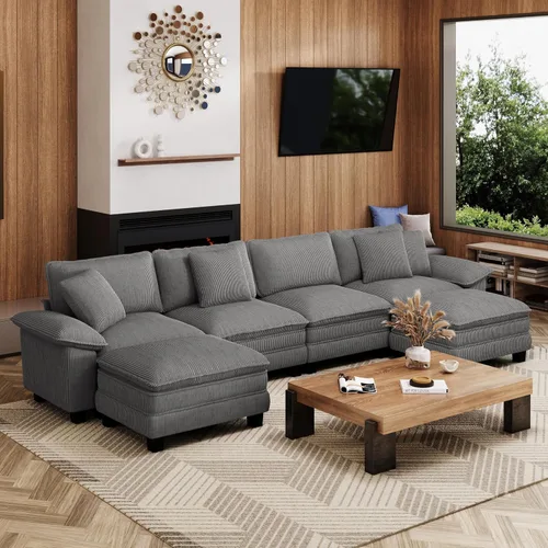 Vista 34 de Sofá seccional en forma de U de 123 pulgadas con cojines tipo nube, juego de sofá modular de asiento profundo con 5 asientos y 2 otomanos, brazos