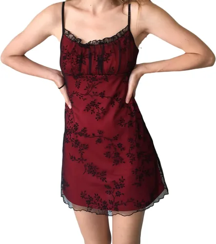 Vista 3 de Vestido vintage Y2k de hadas para mujer, con tirantes delgados, malla transparente, ribete de volantes, vestido de fiesta de club de verano