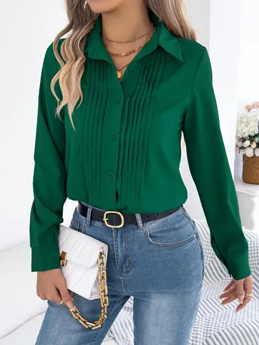 Vista 7 de Blusa de manga larga plisada con cuello y botones para mujer, elegante blusa de oficina