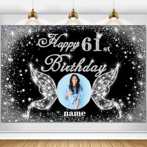 Vista 18 de Cartel personalizado de decoración de fiesta de cumpleaños número 100 - tema de alas de ángel - negro y plateado HY-NLK-100º