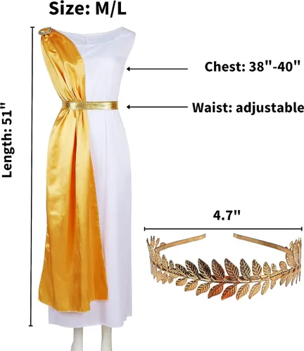 Vista 2 de Toga - Disfraz de diosa griega para mujer, mitología griega, disfraz de fiesta para adultos, con diadema, cinturón, chal