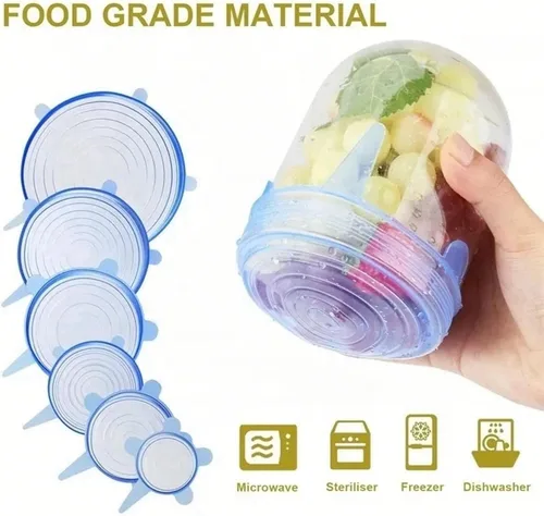 Vista 6 de Tapas elásticas de silicona reutilizables para almacenamiento de alimentos, tapas herméticas, fundas universales de silicona para alimentos