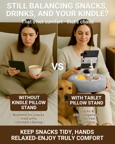 Vista 4 de Soporte de almohada Kindle para cama, soporte ajustable para tableta y teléfono para iPad, Kindle, sofá, soporte para aperitivos y bebidas, 50