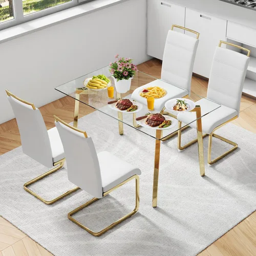 Vista 10 de Juego de mesa de comedor de cristal para 4, mesa rectangular con 4 sillas de cocina de cuero blanco, juego de comedor de cocina de 51 pulgadas, mesa