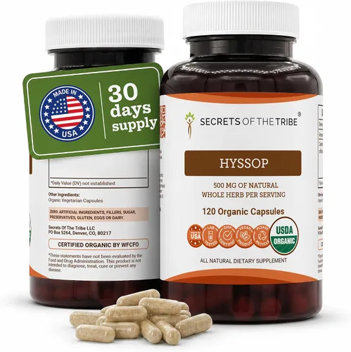 Vista 7 de Secrets of the Tribe Hisopo orgánico 500 mg cápsulas vegetales para apoyo respiratorio e inmunológico Certificado USDA Suplemento herbario
