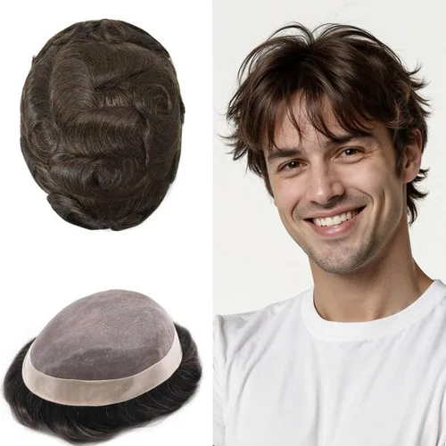 Vista 32 de Toupee de cabello humano fino mono revestido de poliéster para hombre, postizo de monofilamento duradero NPU monofilamento tupé para hombres