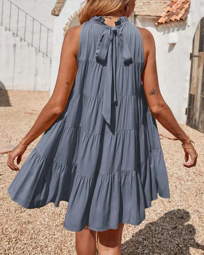Vista 3 de Okiwam - Vestido de verano para mujer sin mangas y con cuello halter, vestido estilo bohemio vaporoso y plisado, minivestido de cóctel holgado