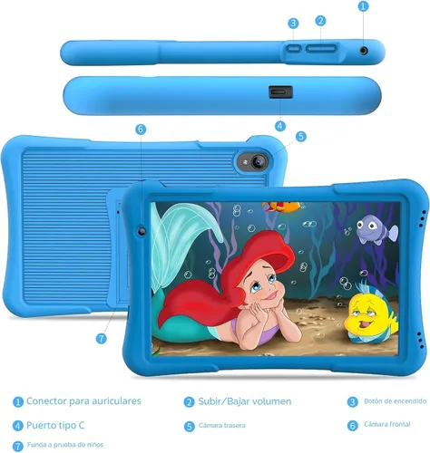 Vista 7 de PRITOM Tableta para niños de 10 pulgadas Android 14, 32GB, Quad-Core, 6000mAh, pantalla IPS HD grande, WiFi 6, cámara dual, Bluetooth, Tableta