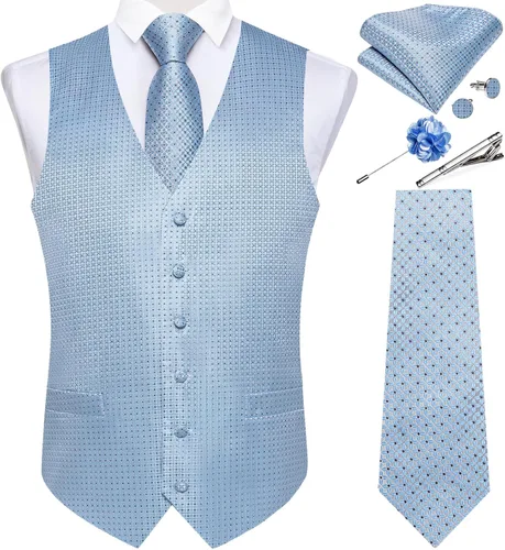 Vista 36 de DiBanGu Juego de chaleco y corbata para hombre, chaleco formal de cachemira y corbata con bolsillo cuadrado y gemelos, de seda, para traje o Verde