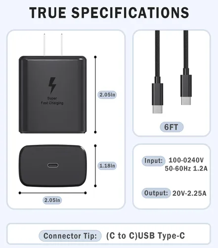 Vista 3 de Cargador súper rápido USB C 3.0 de 45 W con carga tipo C, cable trenzado de nailon compatible con cargador Samsung Cable de carga rápida para Galaxy