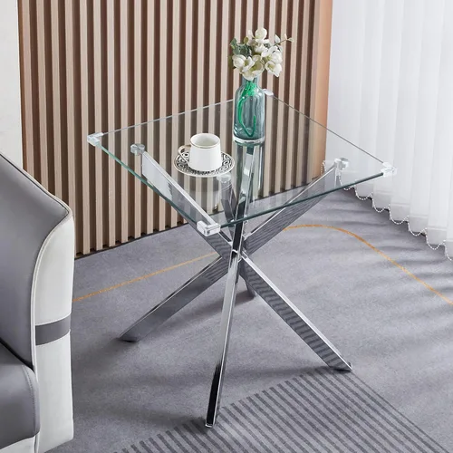 Vista 13 de Mesa de centro de cristal de 47 pulgadas, moderna tapa rectangular de vidrio templado con patas de metal con cruz dorada, mesa central de espacio