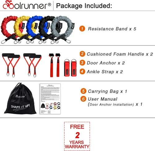 Vista 2 de Coolrunner Juego de 14 bandas de resistencia, tubos de ejercicio, bandas de entrenamiento de 20 libras a 40 libras con asas, fundas protectoras