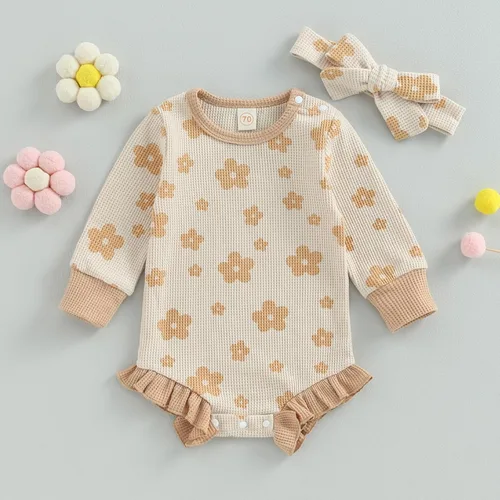 Vista 2 de MERSARIPHY Mameluco de manga larga para bebé niña con diadema para otoño e invierno