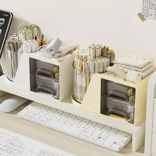 Vista 7 de Organizador de Escritorio con Soporte Giratorio para Lápices y Bolígrafos y 2 Cajones Pequeños, Caddy de Escritorio para Organización y Beige