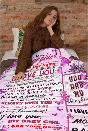 Vista 2 de Manta personalizada para mi hija de mamá y papá 40x50 pulgadas, manta ligera de franela, regalo con nombre personalizado, manta súper suave y cómoda