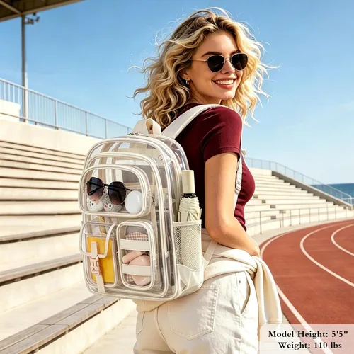 Vista 2 de Mochila transparente de tres capas, bolsa transparente resistente para niños, mochila transparente para niñas y niños (beige)