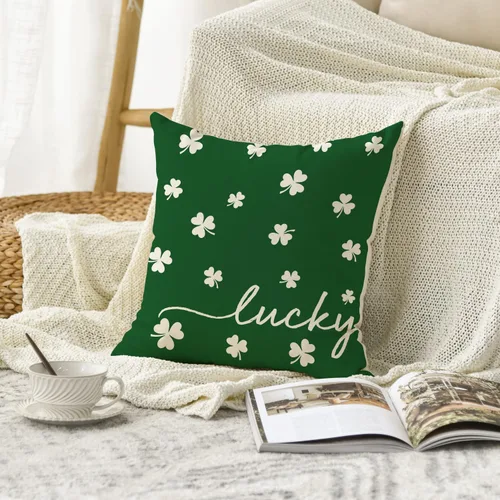 Vista 4 de AVOIN colorlife Funda de almohada de trébol de la suerte del día de San Patricio, 18 x 18 pulgadas, funda de cojín verde trébol para decoración