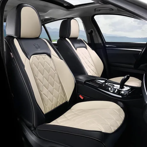 Vista 25 de Coverado Fundas de Asientos Delanteros, Funda de Asiento de Cuero Sintético de Lujo Impermeable, Protector de Asiento de Coche Beige, Funda