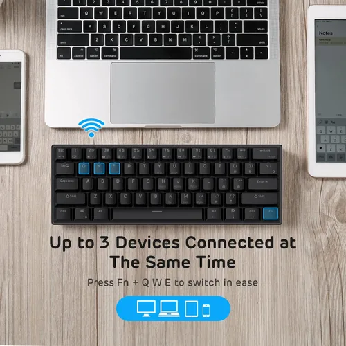 Vista 4 de Royal Kludge RK61 teclado con cableinalámbrico de 61 teclas, Bluetooth 3.0, multidispositivo amarillo con ledes amarillas, teclado