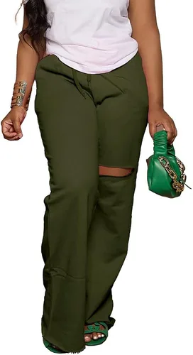 Vista 3 de PINSV Pantalones de pierna ancha para mujer, con cordón, holgados, casuales