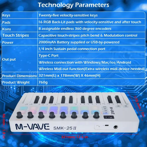 Vista 8 de M-VAVE 25 Teclas 16 Almohadillas de Batería Retroiluminadas Teclado MIDI – Creador de Ritmos Profesional y Keytar para Producción Musical de Teclado