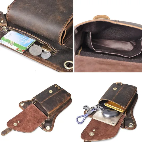 Vista 6 de Le'aokuu Riñonera táctica de piel auténtica para hombre, con cintura para pierna caída, muslo, cruzada, 211-6, Marrón