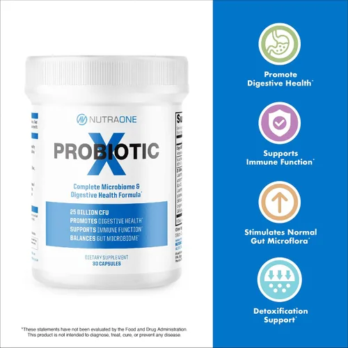 Vista 4 de Suplemento probiótico ProbioticX para mujeres y hombres por NutraOne - Probióticos para la salud digestiva y el apoyo inmunológico* (30 cápsulas)