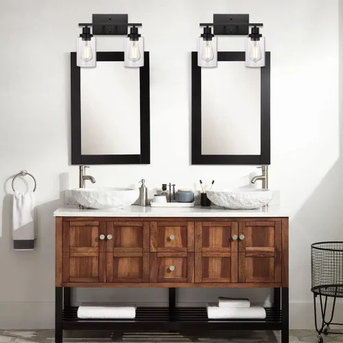 Vista 4 de MELUCEE Aplique de pared negro industrial vintage de 2 luces con pantalla de vidrio transparente y base de metal, luces de tocador de baño, apliques
