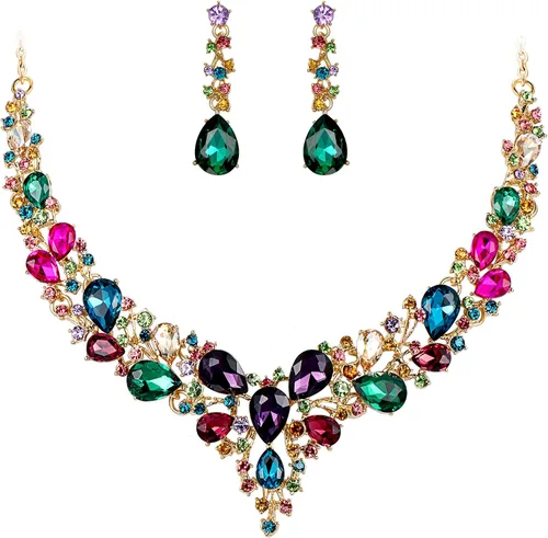 Vista 26 de BriLove Women's Wedding Statement Necklace Dangle Earring Jewelry 01-Tono plateado transparente