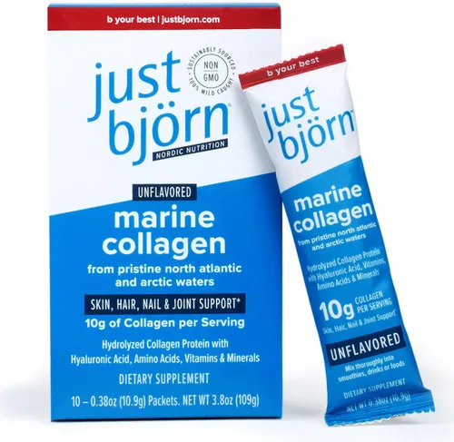 Vista 2 de Just Bjorn Marine - Péptidos de colágeno en polvo On-The-Go Stick Packs (paquete de 10) + 45 bolsas para servir (17.3 onzas) – Soporte para piel
